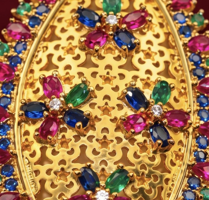 Byzantine Style Ruby Emerald Sapphire 14K Gold over .925 Sterling Silver handcrafted pendant - Stone close-up of Byzantine style ruby, emerald, sapphire jewelry.