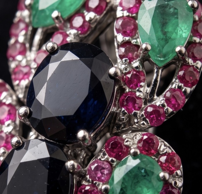 Precious Frogs 22.2 carat natural Sapphire .925 Sterling Silver dipped in rhodium Statement Earrings - Close-up of sapphire, emerald, and ruby stones in sterling silver setting.