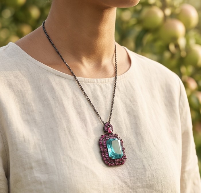ART DECO Authentic 27.7 carat Aquamarine Ruby Black rhodium over .925 Sterling Silver handmade necklace - Aquamarine ruby necklace on model's neck, front view.