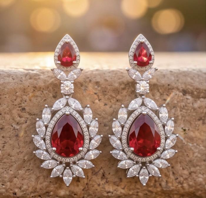 Bella Rossa - Magnificent Jewel 15.5 carat Mozambique Ruby .925 Sterling Silver dippedin Rhodium handcrafted earrings - Elegant earrings with 15.5 ct Mozambique ruby, front view.