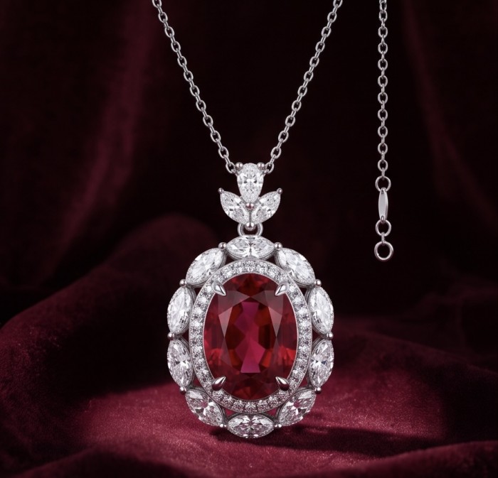 Luxurious 17.9 carat natural Mozambique Ruby .925 Sterling Silver .925 Sterling Silver Statement Necklace - Luxurious 17.9 carat Mozambique Ruby pendant, front view on velvet.
