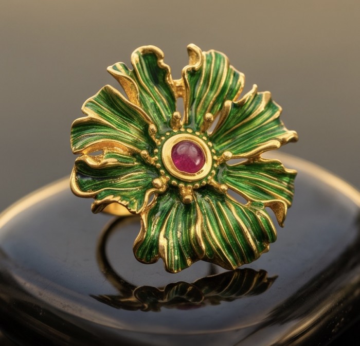 Blooming Garden Genuine 3.5 carat Kashmir Ruby Green Enamel .925 Sterling Silver dipped in 22K Gold Large Statement Ring size 6 3/4 - Floral ring with ruby center, green enamel detail, top view.
