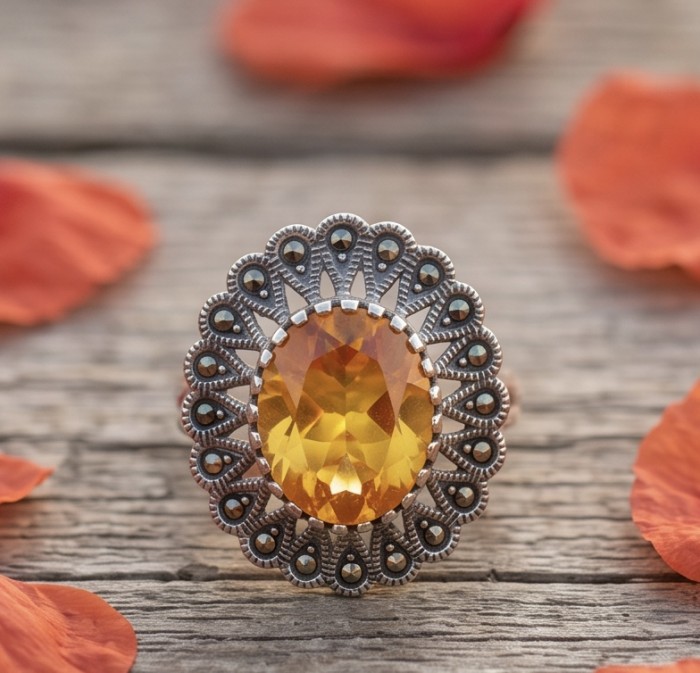 Authentic oval cut 10.2 carat Golden Topaz rhodium over .925 Sterling Silver ring s. 8 - Close-up of oval cut 10.2 carat Golden Topaz ring on wood background.