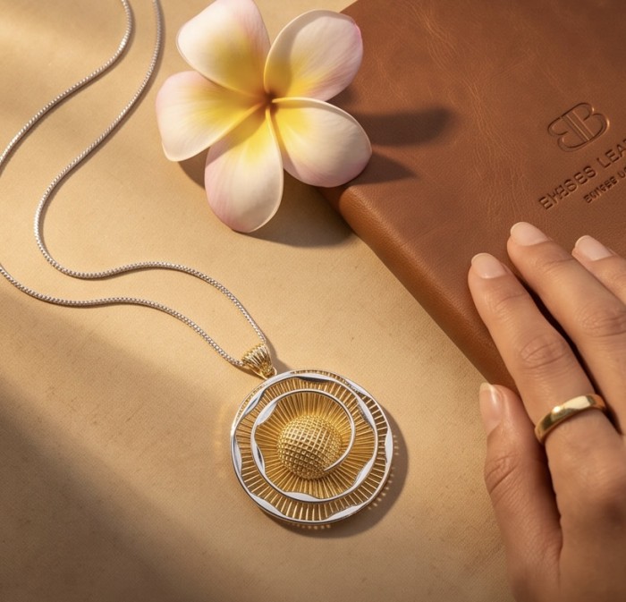 Dubai Style - Golden Rose .925 Sterling Silver dipped in 22K Gold handmade Pendant - Golden Rose pendant, top view, with plumeria and embossed leather background.