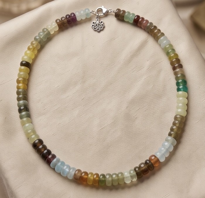 Peaceful Mind- Top quality 106.80 grams Natural Fluorite .925 Sterling Silver handcrafted 22 inches necklace - Top view of multicolored Fluorite necklace with clasp detail.