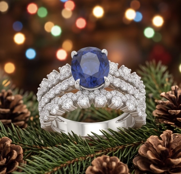 Classy design- 4.2 carat natural Sapphire .925 Sterling Silver Perfectly handcrafted Ring s. 7 - Close-up of sapphire and diamond ring with holiday background
