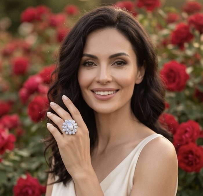 Large Blue Cascade 29.5 carat Rainbow Moonstone rhodium over .925 Sterling Silver handmade ring s. 6 - Woman wearing Large Blue Cascade Rainbow Moonstone ring, garden backdrop.