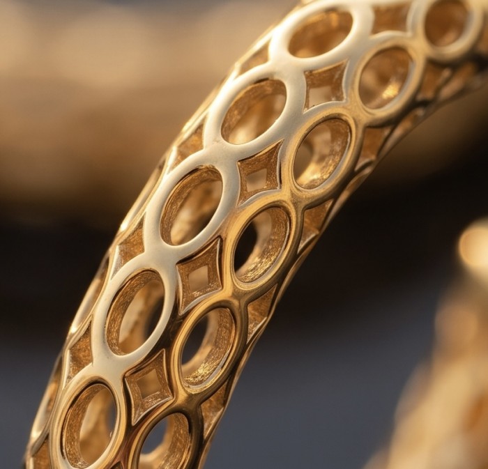 Black Label Collection - Dubai Style - Natural 22K Gold over .925 Sterling Silver handmade earrings - Close-up of Dubai Style bangle, intricate oval cutout design in 22K gold.