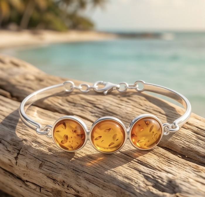 Excellent Baltic Amber .925 Sterling Silver entirely handcrafted Bracelet - Baltic amber bracelet on driftwood near beach, side view