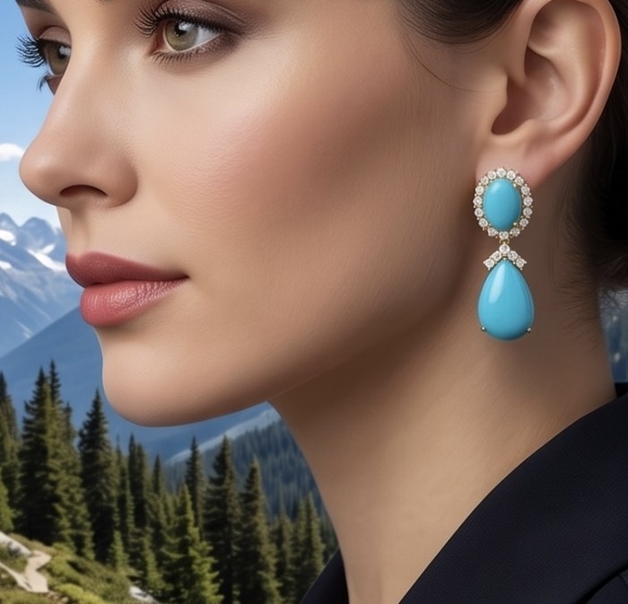 Blue Dreamland - Luxurious stabilized Turquoise 18K Gold over .925 Sterling Silver handmade Statement earrings - Side view of Blue Dreamland earrings with turquoise and gold accents.
