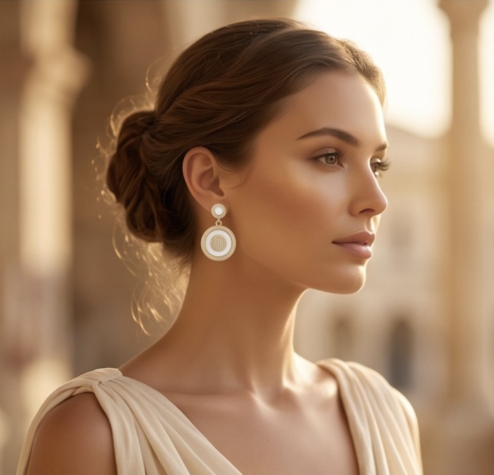 Luxurious Genuine Blister Pearl 0.4 CARAT lab grown Diamond 18K Gold over .925 Sterling Silver handcrafted Statement Earrings - Side view of woman wearing circular diamond and pearl earrings