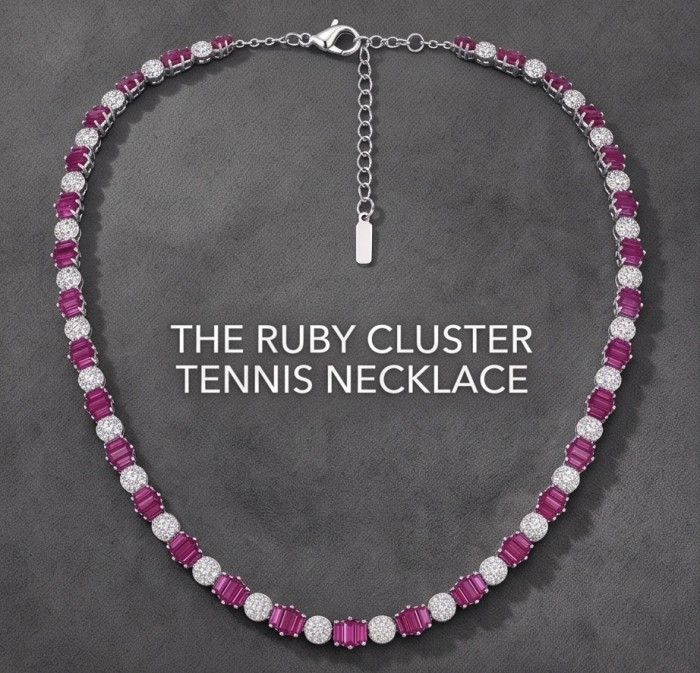 Art Deco - Genuine 8.8 carat Ruby rhodium over .925 Sterling Silver handcrafted Statement Necklace - Ruby Cluster Tennis Necklace, top view showing clasp and design details.