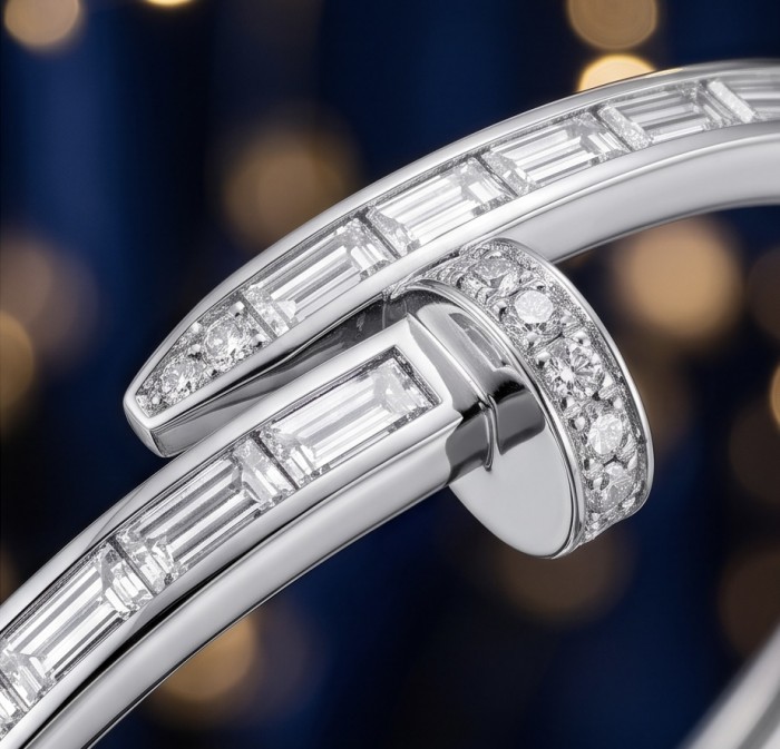 Nail 4.8 carat White Topaz rhodium over .925 Sterling Silver Bangle highly polished bracelet - Close-up of white topaz design on rhodium over sterling silver nail jewelry.