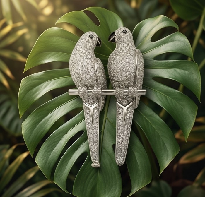 Attract YOUR Luck - Two Parrots 4.2 CARAT pave Moissanite .925 Sterling Silver dipped in rhodium handcrafted Brooch - Two parrots brooch on leaf, front view, 4.2 carat pave moissanite.