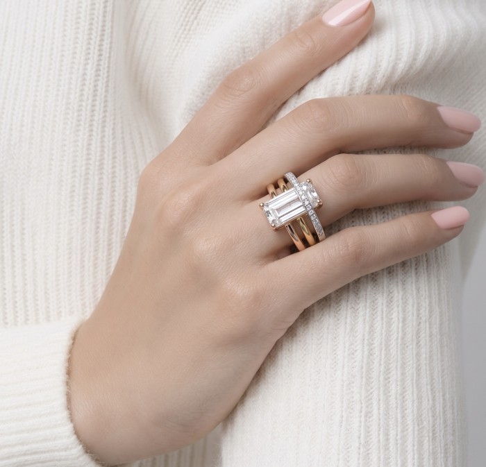 Extravaganza - Authentic 4.5 CARAT natural Moissanite 3 tones .925 Sterling Silver dipped in rhodium handcrafted Ring size 8 - Moissanite ring worn on hand, featuring a 4.5 carat stone, 3-tone design.