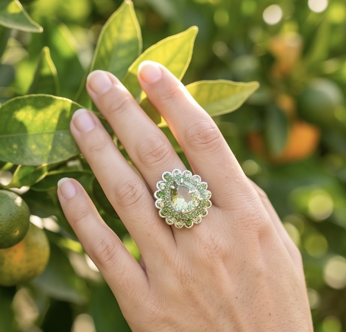 Charlotte Authentic 15.4 carat Green Amethyst rhodium over .925 Sterling Silver handcrafted Statement Ring size 8 1/4 - Green amethyst ring worn on hand, surrounded by greenery.