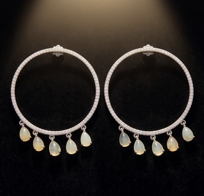 CAROLYN 3.2 carat Australian Fire Opal rhodium over .925 Sterling Silver incredible Hoop handcrafted Earrings - Front view of CAROLYN opal and diamond hoop earrings on black background.