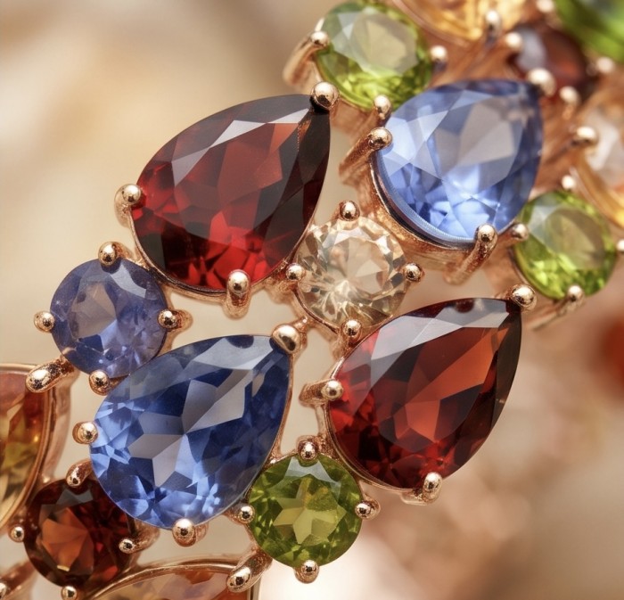 Tutti Frutti 125.5 CARAT MULTIGEM 14k Gold over .925 Sterling Silver brilliantly handcrafted Bracelet - Close-up of multigem stones in 14k gold setting