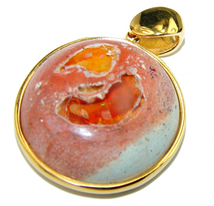 Spectacular Natural Mexican Fire Opal 14k Gold over .925 Sterling Silver handmade Pendant - photo 1