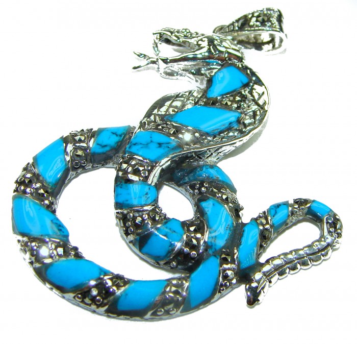 Blue Cobra Snake inlay Turquoise .925 Sterling Silver handcrafted Pendant - photo 2