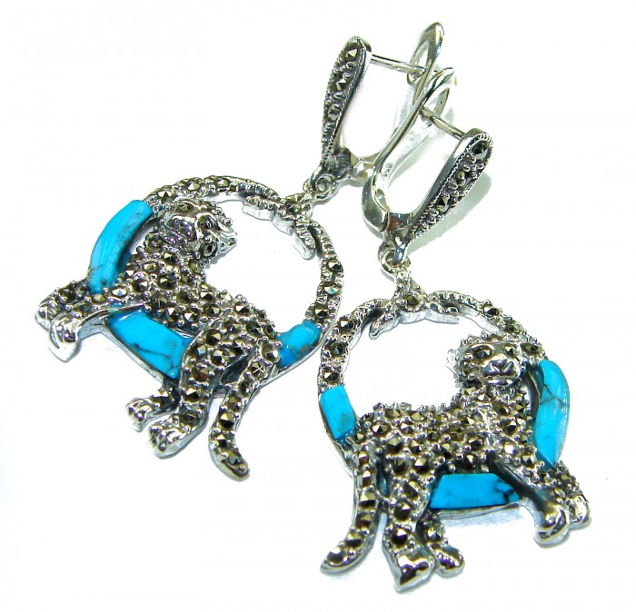 Cheetah Turquoise Ruby Marcasite .925 Sterling Silver Handcrafted earrings - photo 3