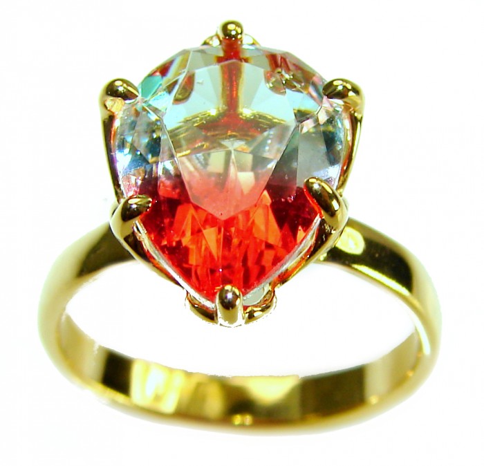 6.9 carat pear cut Brazilian Tourmaline 14K Gold over .925 Sterling Silver Perfectly handcrafted Ring s. 7 - Close-up of 6.9 carat pear cut Brazilian Tourmaline ring in gold setting