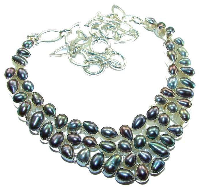 HUGE 102.5 grams genuine Rainbow Mothet of Pearl .925 Sterling Silver handcrafted Necklace - Necklace with rainbow pearls and silver chain, top view.