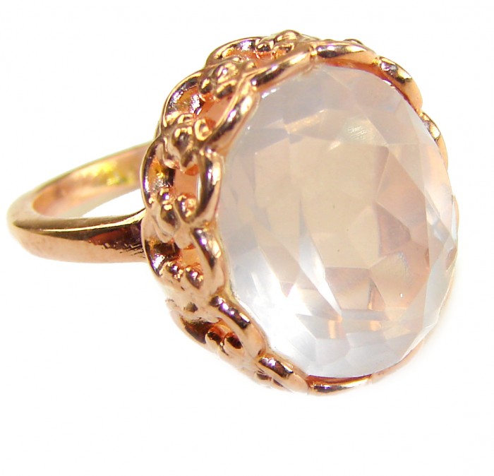 Authentic 18.5 carat Brazilian Rose Quartz 14K Rose Gold over .925 Sterling Silver incredible Ring size 6 - Rose gold ring with large rose quartz, side view.
