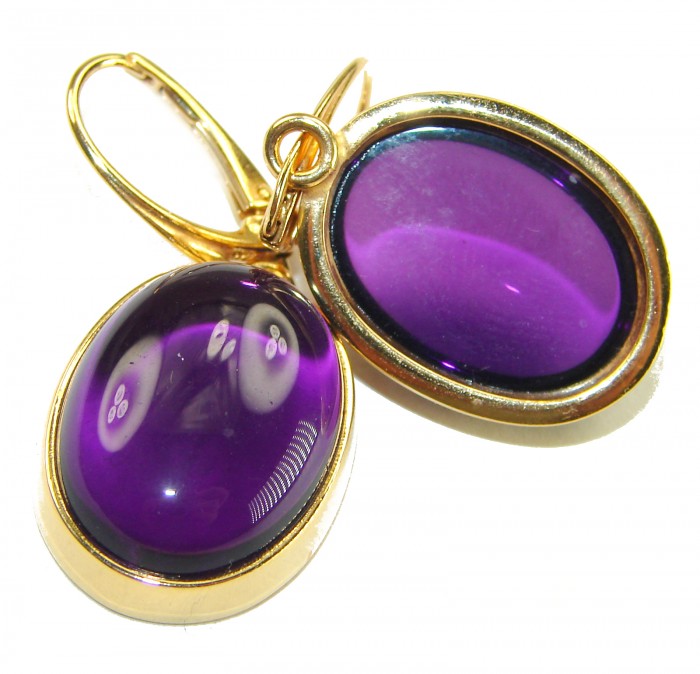 Lavender Beauty authentic 16.2 carat Amethyst 14K Gold over .925 Sterling Silver handcrafted earrings - Close-up of Lavender Beauty amethyst earrings in 14K gold.