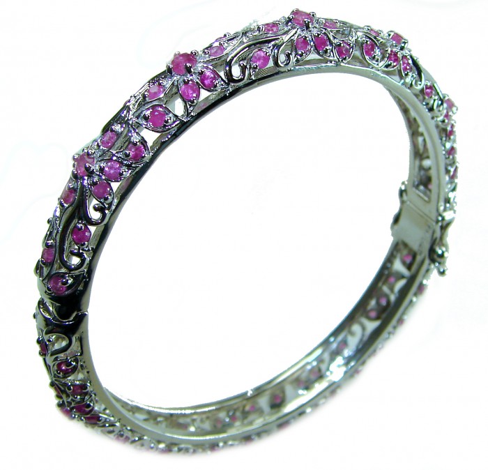 Precious Natural 17.5 carat Ruby .925 Sterling Silver handcrafted Bracelet - Side view of ruby-studded .925 sterling silver bracelet.
