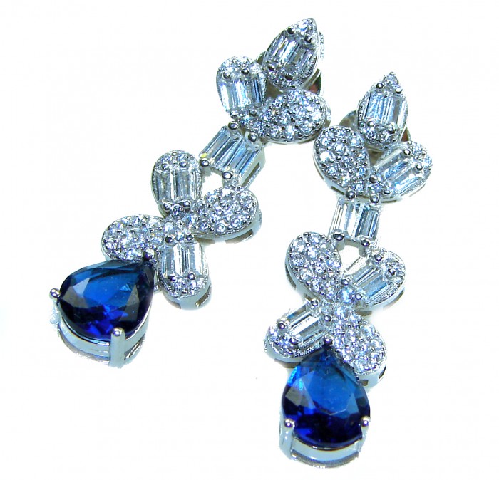 Art Deco - Luxurious natural 10.5 carat Sapphire .925 Sterling Silver Perfectly handcrafted earrings - Luxurious sapphire earrings, top view, with diamond accents in sterling silver.