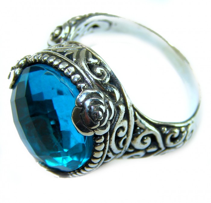 Nautilus 12.8 carat London Blue Topaz .925 Sterling Silver handcrafted Ring size 7 adjustable - Close-up of blue topaz sterling silver ring with ornate detailing.