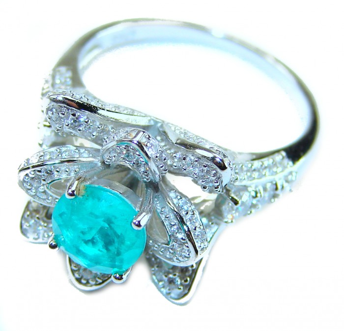 Gabriella - Luxurious 3.6 carat Emerald .925 Sterling Silver handcrafted Cocktail Ring s. 8 1/4 - Emerald ring stone close-up in sterling silver with diamond accents.