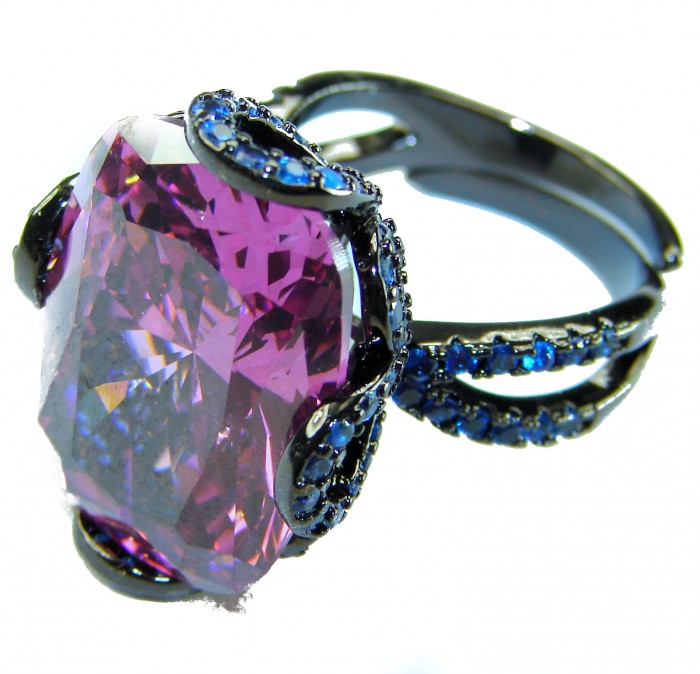 Stella Authentic 25.5 carat Pink Topaz Black rhodium over .925 Sterling Silver Handcrafted Ring size 7 adjustable - Close-up of Stella Pink Topaz ring with blue accents on black rhodium.