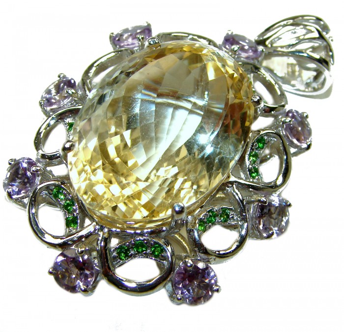 Luxurious Oval cut 32.3 carat Brazilian Citrine rhodium over .925 Sterling Silver handcrafted LARGE pendant - Luxurious Brazilian citrine pendant, top view, 32.3 carats, rhodium setting.