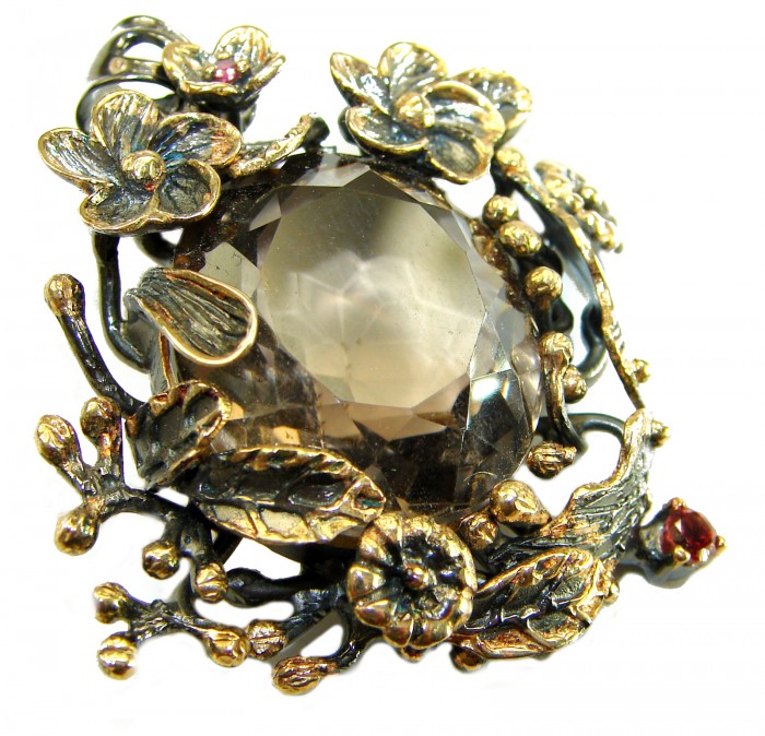 Authentic 33.5 carat carved Smoky Topaz 2 tones .925 Sterling Silver handmade Statement Pendant - Close-up of 33.5 carat Smoky Topaz with floral design in sterling silver.
