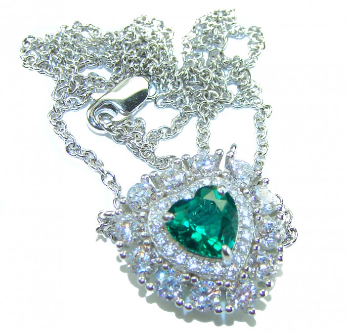 My Heart Natural 3.5 carat Chrome Diopside .925 Silver handcrafted Necklace - Close-up of heart-shaped green gem pendant with silver chain.