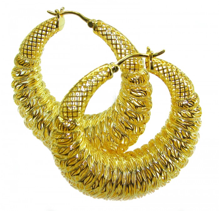 Black Label Collection - Dubai Style - Natural 22K Gold over .925 Sterling Silver handmade hoop earrings - Close-up of ornate gold hoop earrings with textured design.