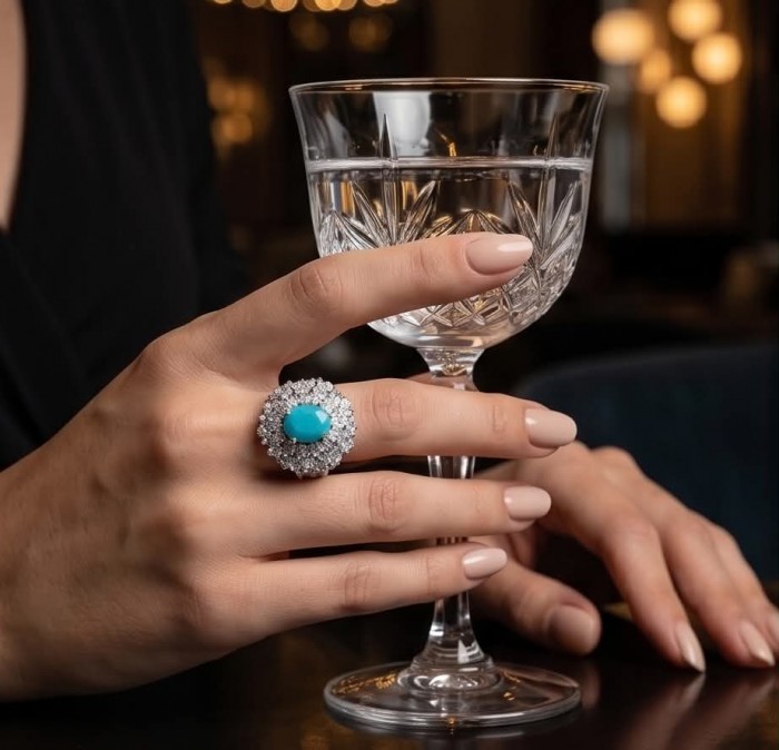 Ginevra Authentic 3.6 carat AQUAMARINE .925 Sterling Silver handcrafted Ring size 7 1/2 - Woman's hand with aquamarine ring holding a crystal glass
