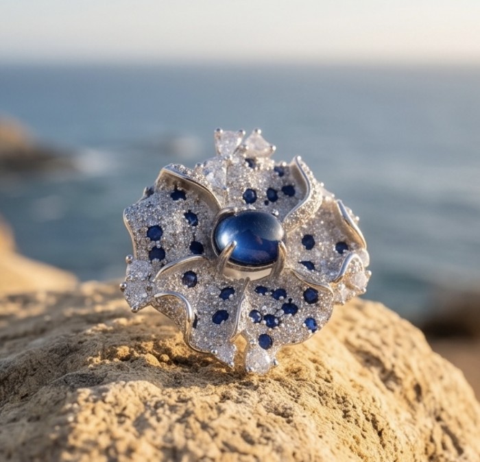 Blue Flower 12.2 carat natural Sapphire .925 Sterling Silver Perfectly handcrafted Ring s. 7 1/4 - Close-up of Blue Flower ring with sapphire and sterling silver on rock.