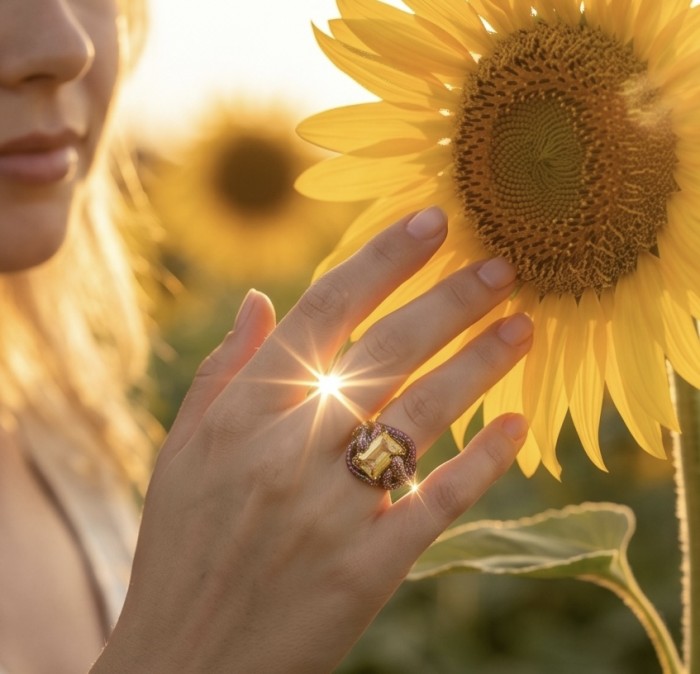 Costa del Sol 29.4 carat Lemon Quartz black rhodium over .925 Sterling Silver handcrafted ring size 8 - Costa del Sol ring with Lemon Quartz worn on hand near sunflower.