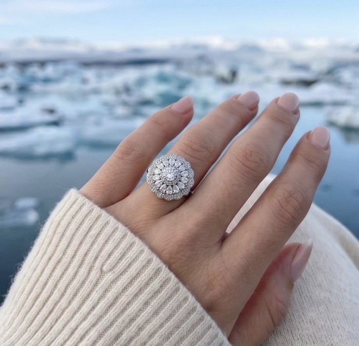 Giovanna - Precious 14.5 carta White Topaz rhodium over .925 Sterling Silver Statement ring size 7 1/4 - Ring with white topaz, worn on hand, snowy landscape in background.