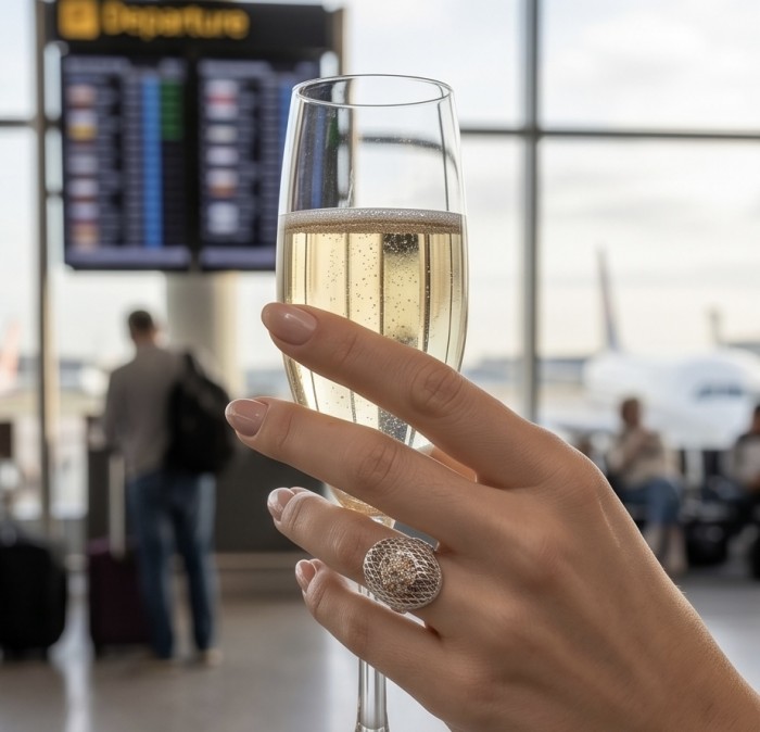 Casablanca Italy made 1.8 carat Tourmaline .925 Sterling Silver brilliantly handcrafted ring s. 7 - Ring with Tourmaline on hand, champagne glass at airport departure lounge.