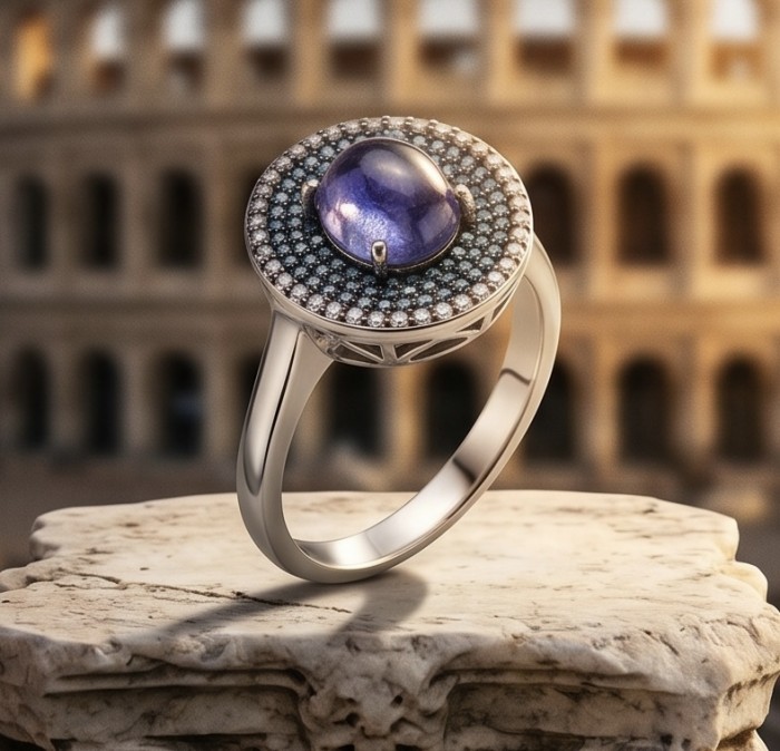 Luxurious 3.7 carat Tanzanite pave 0.8 carat Sapphire .925 Sterling Silver handcrafted Ring size 8 - Luxurious Tanzanite ring, stone close-up, with Colosseum backdrop.