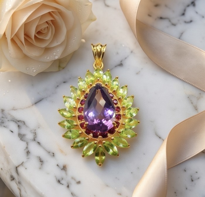 Mademoiselle - 22.7 carat Amethyst Brazilian Peridot 18K Gold over .925 Sterling Silver handcrafted Pendant - Amethyst pendant with peridot, top view, on marble with ribbon and rose.