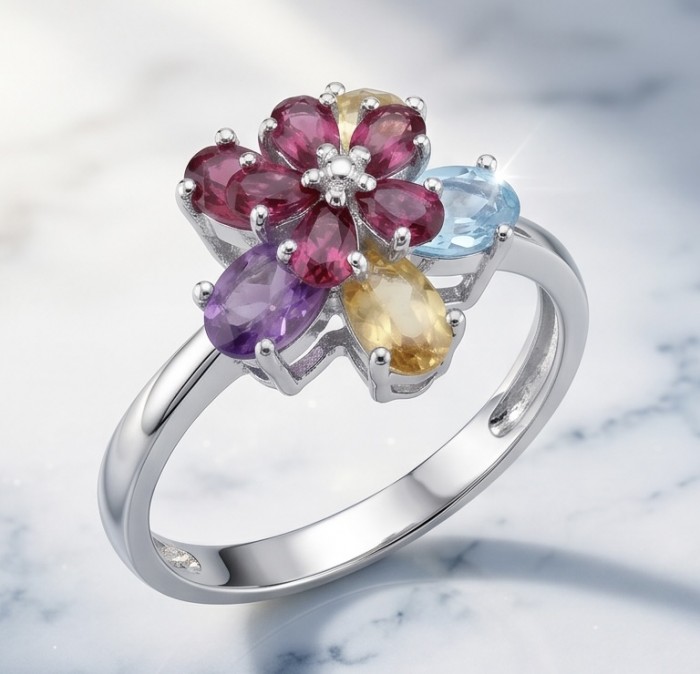 Flower 7.2 carat Multigem .925 Sterling Silver Handcrafted Ring size 10 - Side view of a flower-shaped multigem sterling silver ring.