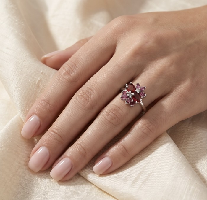 Precious Garnet - authentic 5.2 carat Garnet .925 Sterling Silver Ring size 9 - Ring with garnet stones worn on hand, showcasing design and fit.