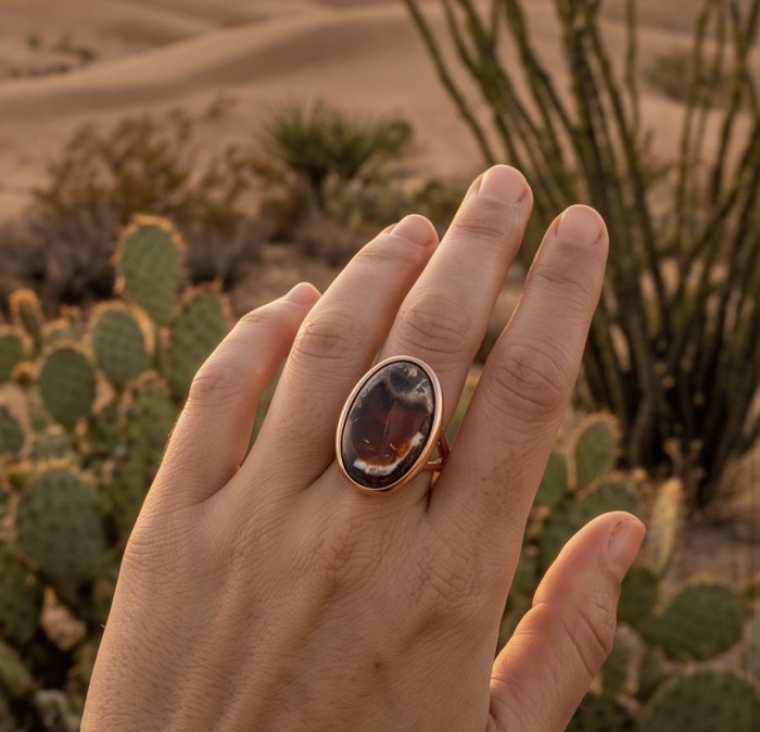 Bonfire Night best quality 27.4 carat Mexican Opal 18K Gold over .925 Sterling Silver handmade ring 7 1/4 - Mexican Opal ring on hand in desert setting, 18K Gold.