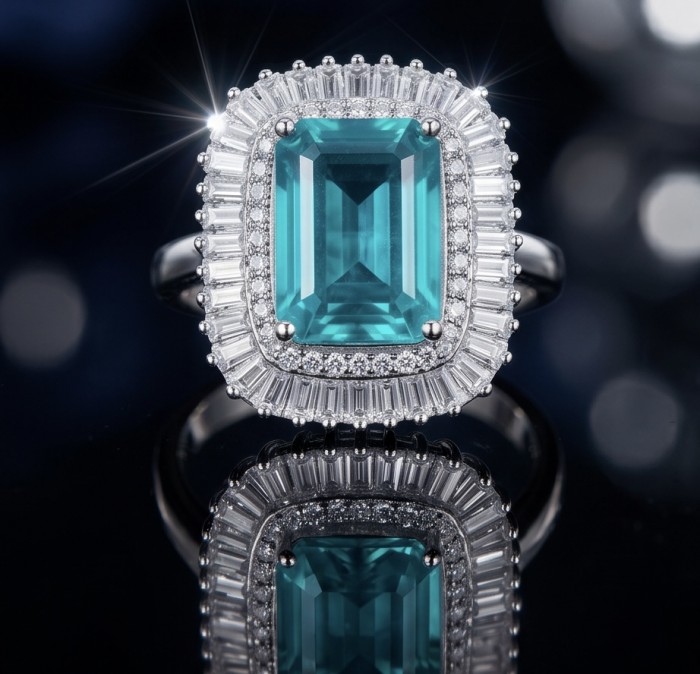 Natural 17.2 carat Colombian Emerald .925 Sterling Silver dipped rhodium handmade Statement Ring size 8 - Close-up of Colombian emerald ring in sterling silver with diamond halo.