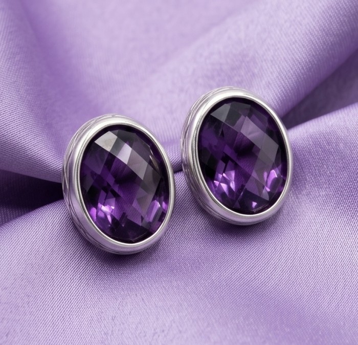 Deep Purple Genuine 6.8 carat Brazilian Amethyst rhodium over .925 Sterling Silver handcrafted earrings - Close-up of deep purple Brazilian amethyst earrings on lilac fabric.